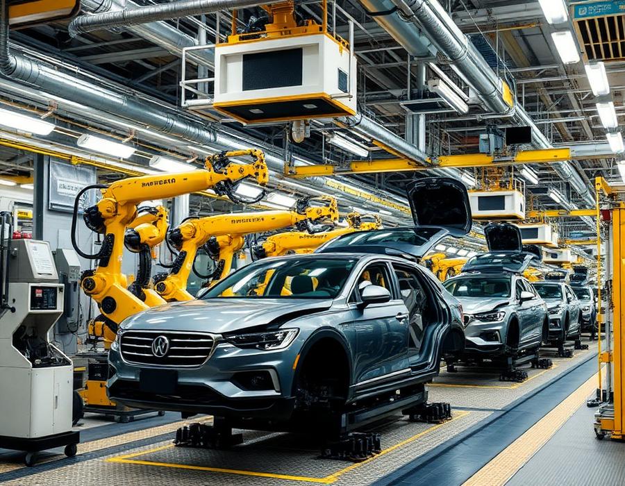 Linha de montagem automotiva com ventilação industrial
